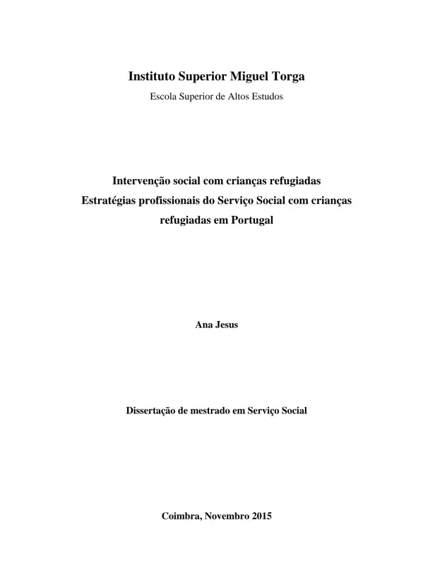 Intervenção social com crianças refugiadas: estratégias profissionais do Serviço Social com crianças refugiadas em Portugal