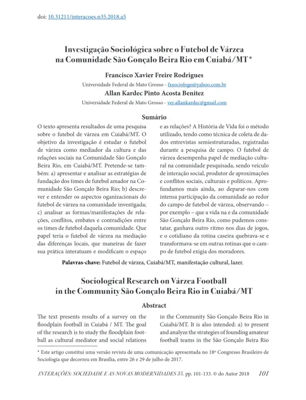Investigação Sociológica sobre o Futebol de Várzea na Comunidade São Gonçalo Beira Rio em Cuiabá/MT