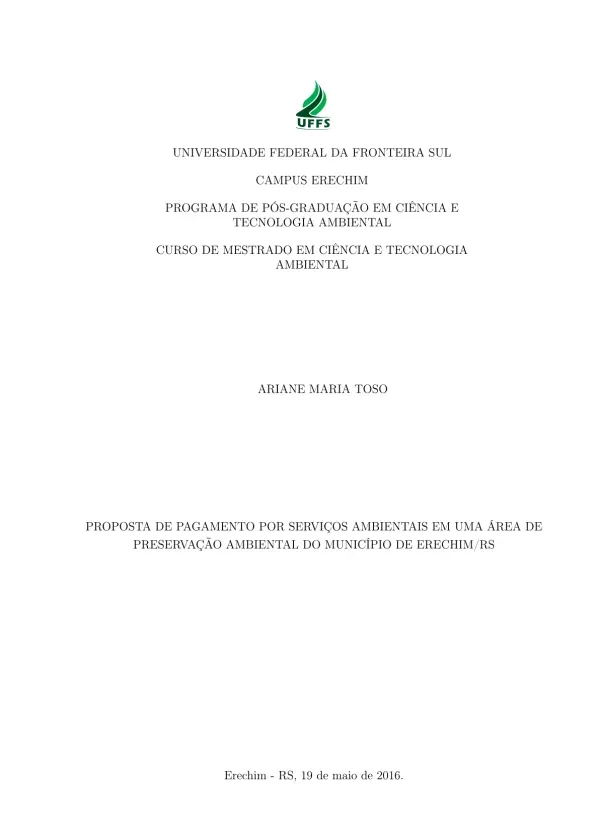 Proposta de pagamento por serviços ambientais em uma área de preservação ambiental do município de Erechim/RS