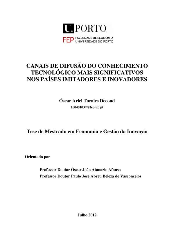 Canais de Difusão do Conhecimento Tecnológico mais Significativos nos Países Imitadores e Inovadores