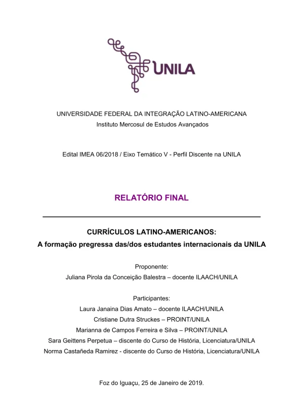 Currículos Latino-Americanos: a formação pregressa das/dos estudantes internacionais da UNILA