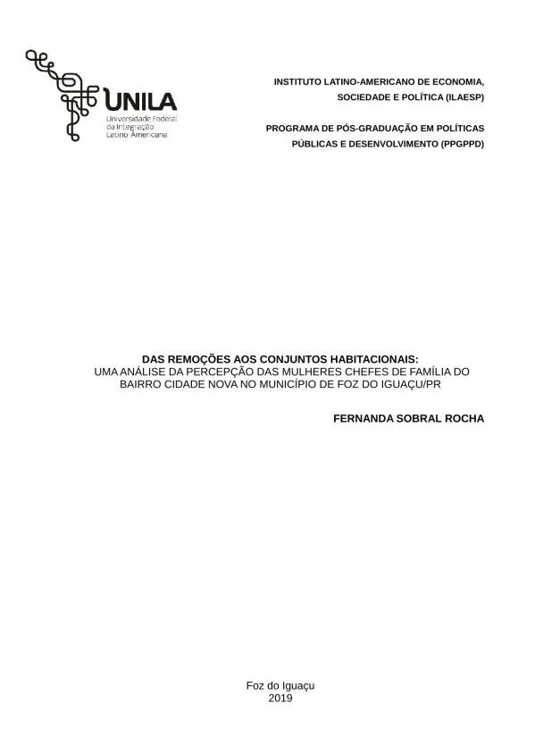Das remoções aos Conjuntos Habitacionais: uma análise da percepção das mulheres chefes de família do Bairro Cidade Nova no município de Foz do Iguaçu/PR