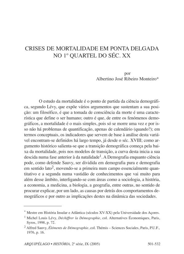 Crises de mortalidade em Ponta Delgada no 1º quartel do séc. XX