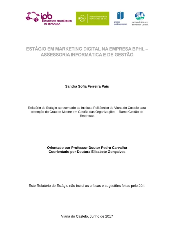 Estágio em marketing digital na empresa BPHL - Assessoria Informática e de Gestão